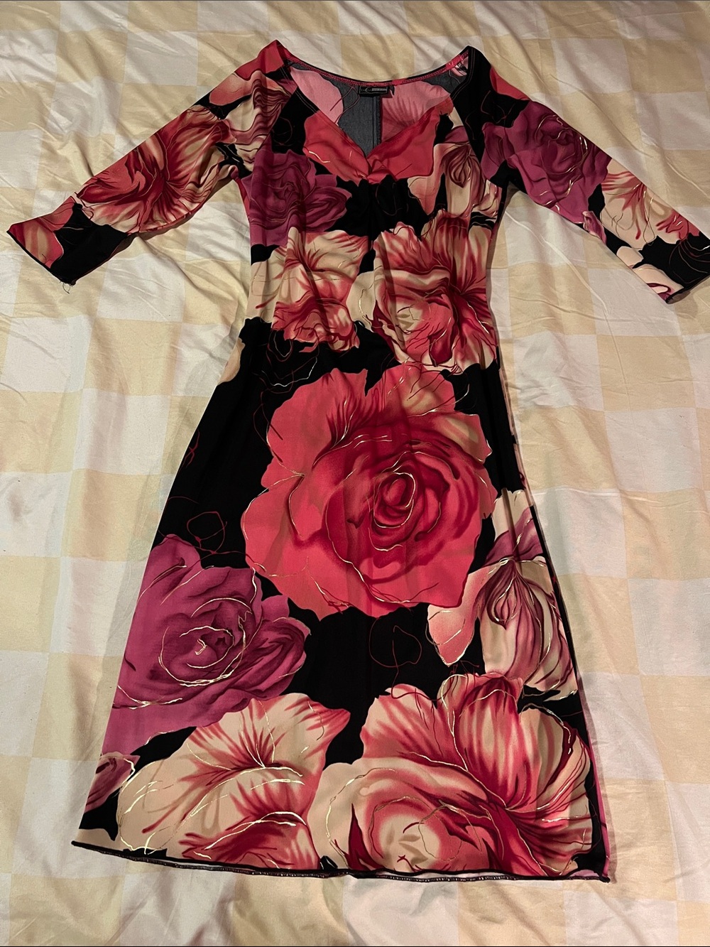Black Midi Dress with Pink and Cream Rose Print